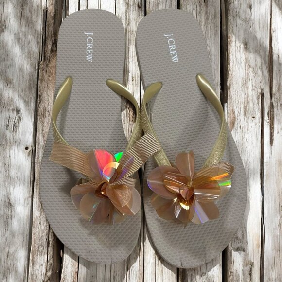 J.Crew Flip Flops‎ W/ Holographic Flower Lightweight Summer Sandals Size 7 - Picture 1 of 7